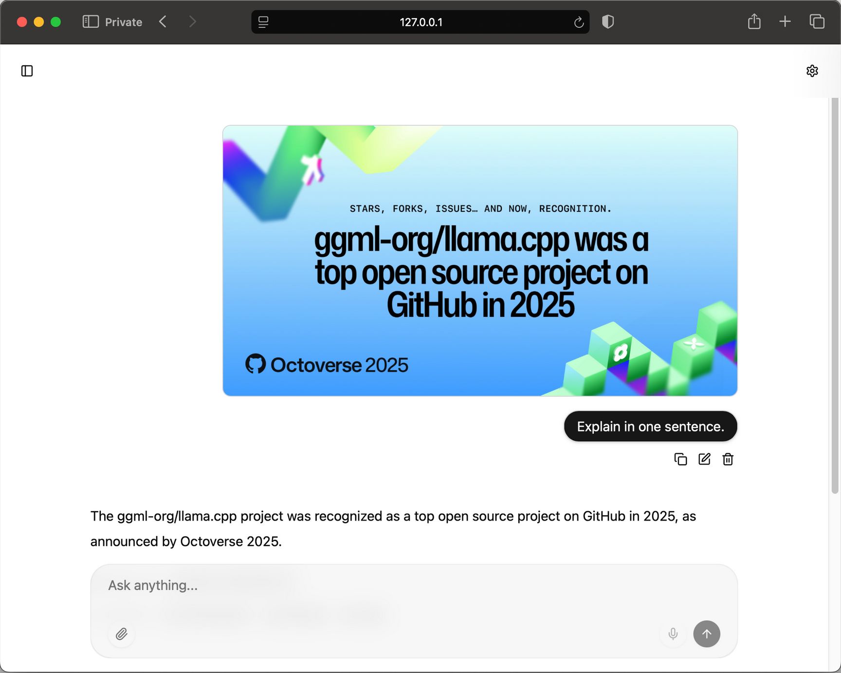 The llama.cpp web UI displaying a GitHub Octoverse 2025 graphic noting that ggml-org/llama.cpp was a top open source project on GitHub in 2025