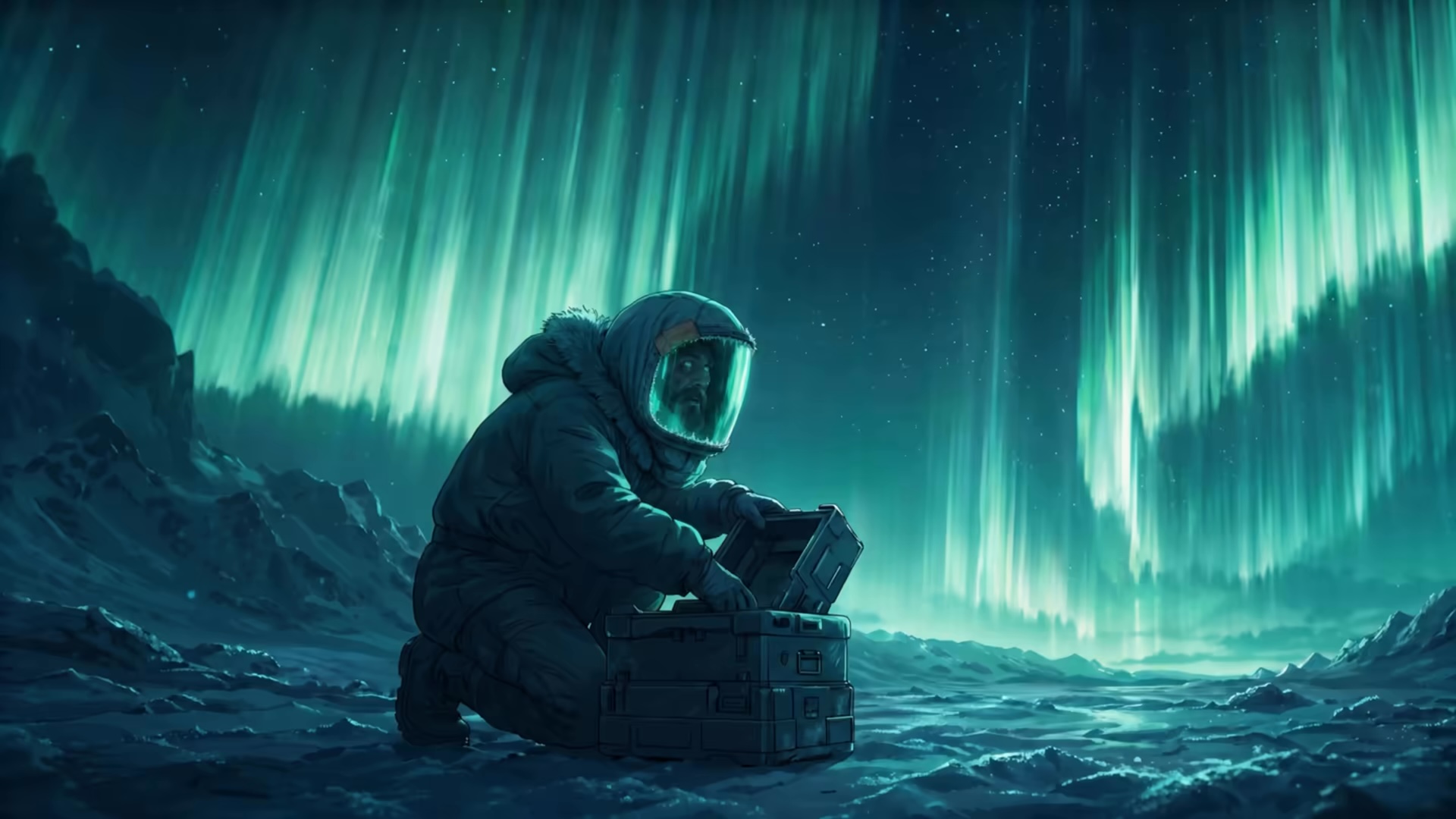 Frame from an LTX-2.5 multi-shot sequence showing a figure in a hooded polar suit kneeling on ice beside an equipment case under a green aurora.