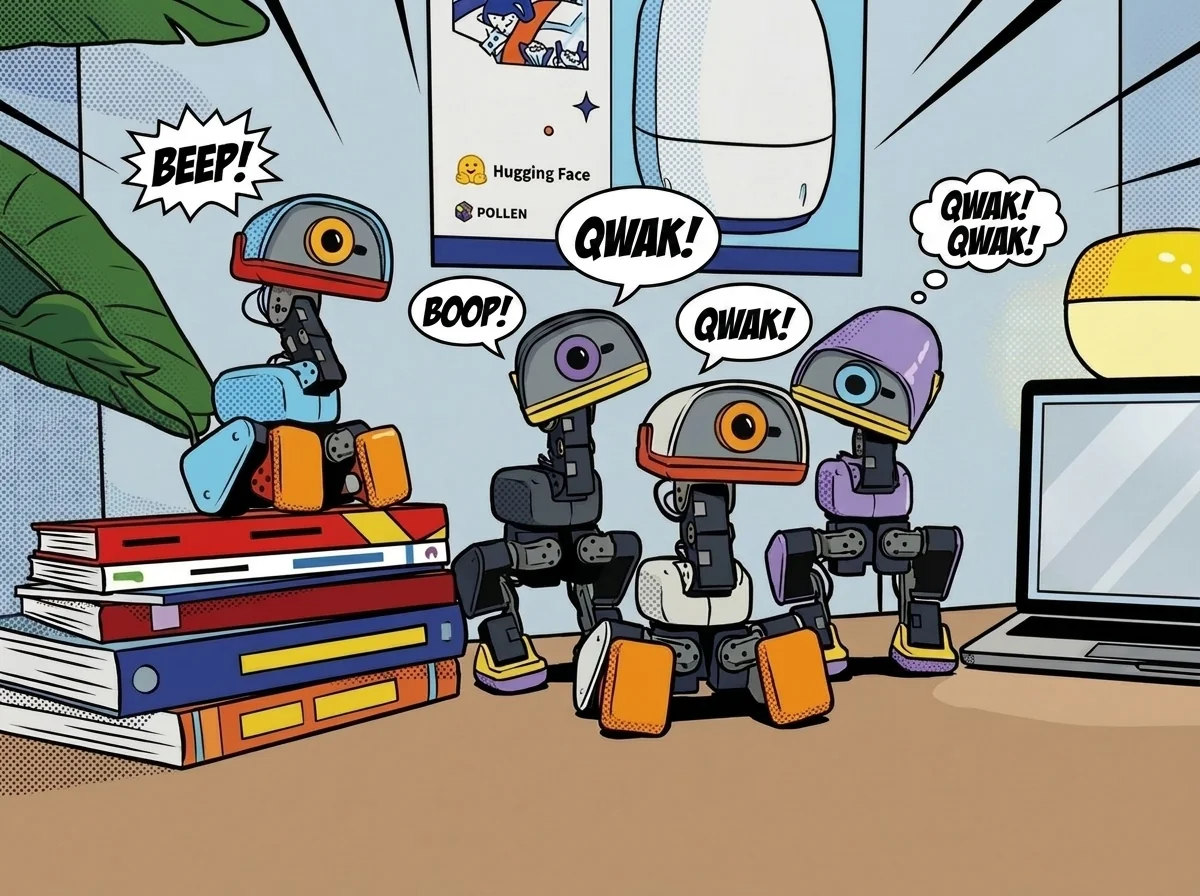 Microduck, a small cream-coloured biped robot with an articulated beak, standing on a desk