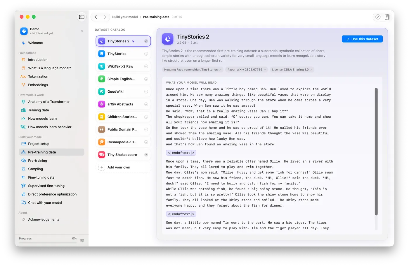 Dataset catalog listing TinyStories 2, TinyStories, WikiText-2 Raw, Simple English Wikipedia, GoodWiki, arXiv Abstracts, Children Stories, Public Domain texts, Cosmopedia, and Tiny Shakespeare, with a preview of the raw training text