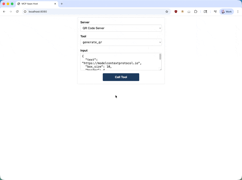 Animated demo of a QR code MCP App running inside the reference basic-host test client, generating and displaying a QR code in a sandboxed frame