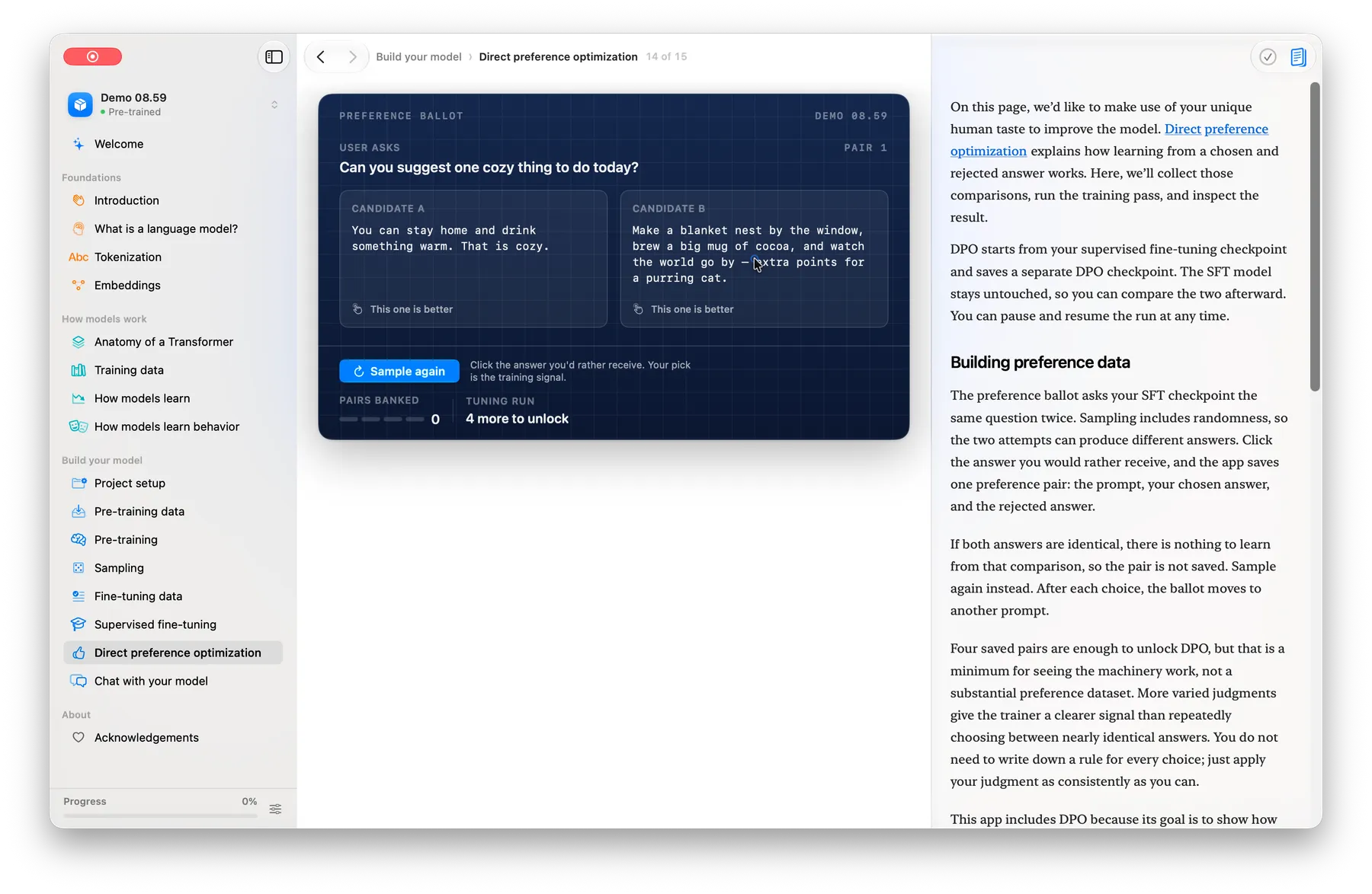 Direct preference optimization screen showing a preference ballot with two candidate answers to the prompt 'Can you suggest one cozy thing to do today?', alongside explanatory text about how DPO starts from a supervised fine-tuning checkpoint