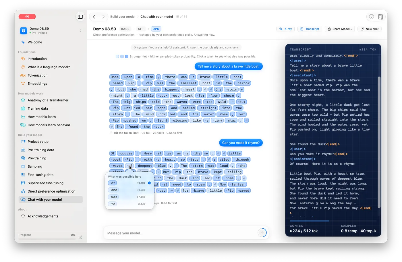 Chat interface in X-ray mode showing generated text as individually shaded token chips, with a popover revealing alternative token candidates and their probabilities, and a raw transcript pane showing chat template markers