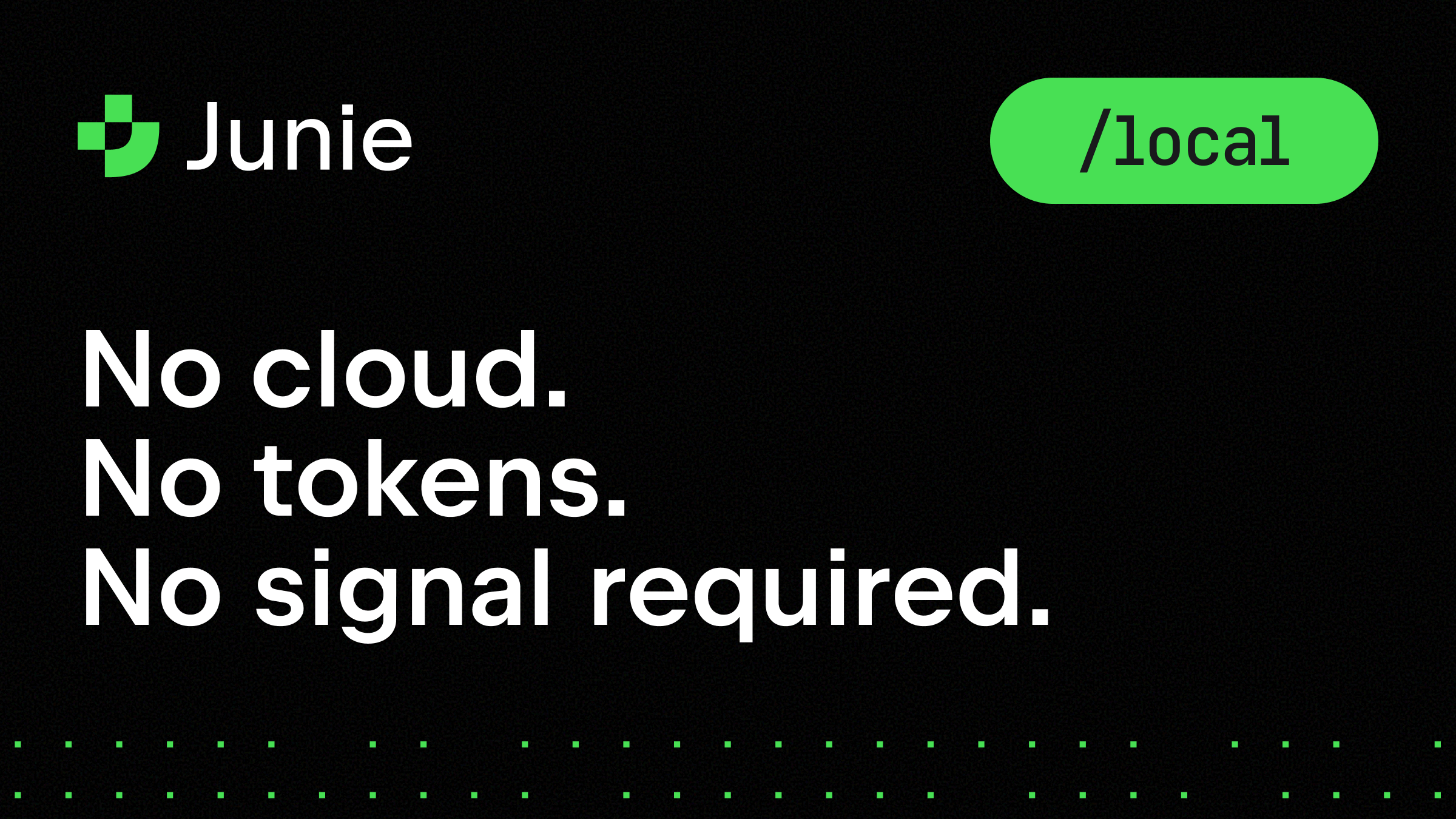 JetBrains Junie announcement card reading 'No cloud. No tokens. No signal required.' alongside the /local command
