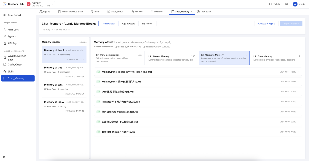 Screenshot of a Chat Memory asset showing retained preferences, facts and decisions for an agent