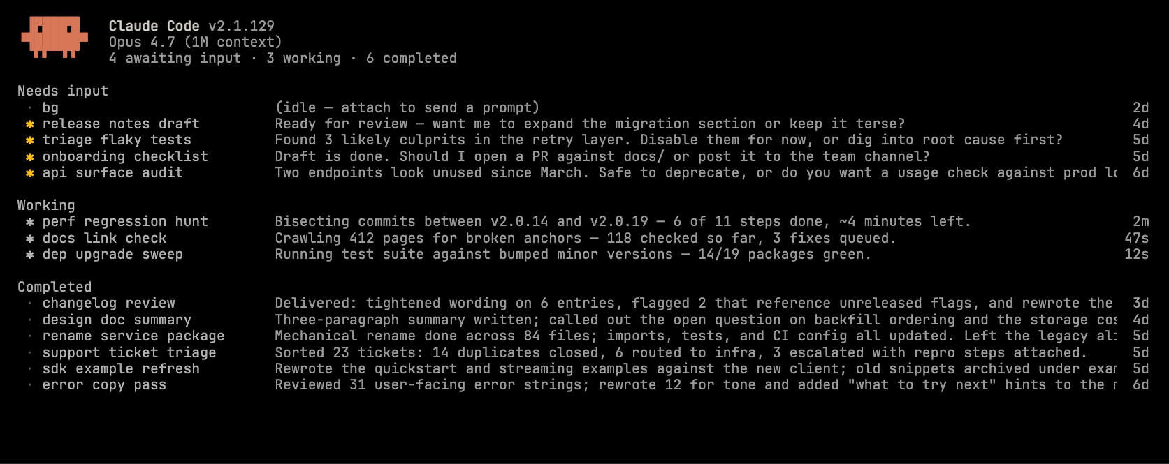 Claude Code agent view showing multiple sessions grouped by state — Working, Needs input, Ready for review, Completed