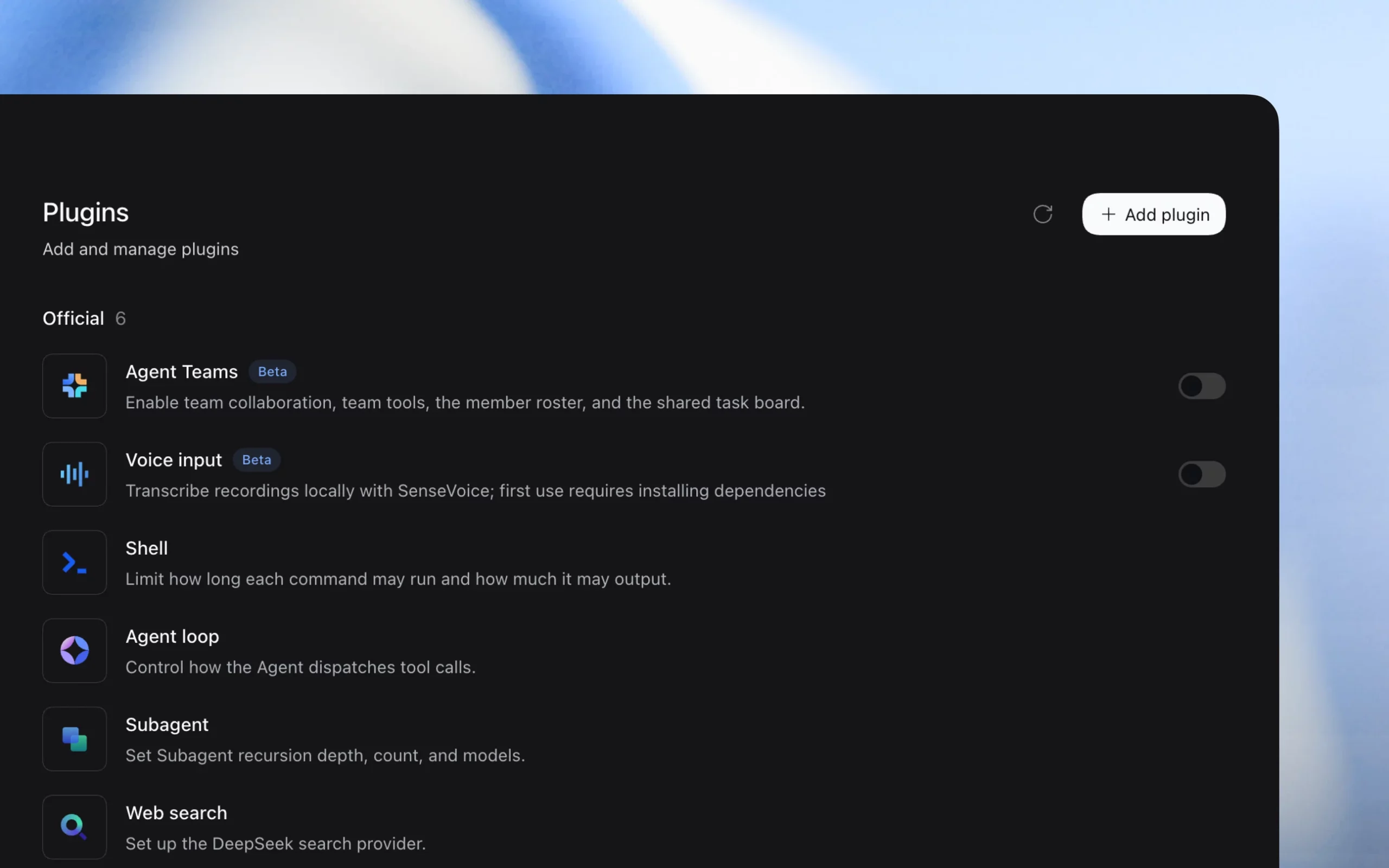DeepSeek Harness plugin manager in dark theme, listing six official plugins (Agent Teams and Voice input marked Beta with toggles, plus Shell, Agent loop, Subagent and Web search) and an Add plugin button in the top right.
